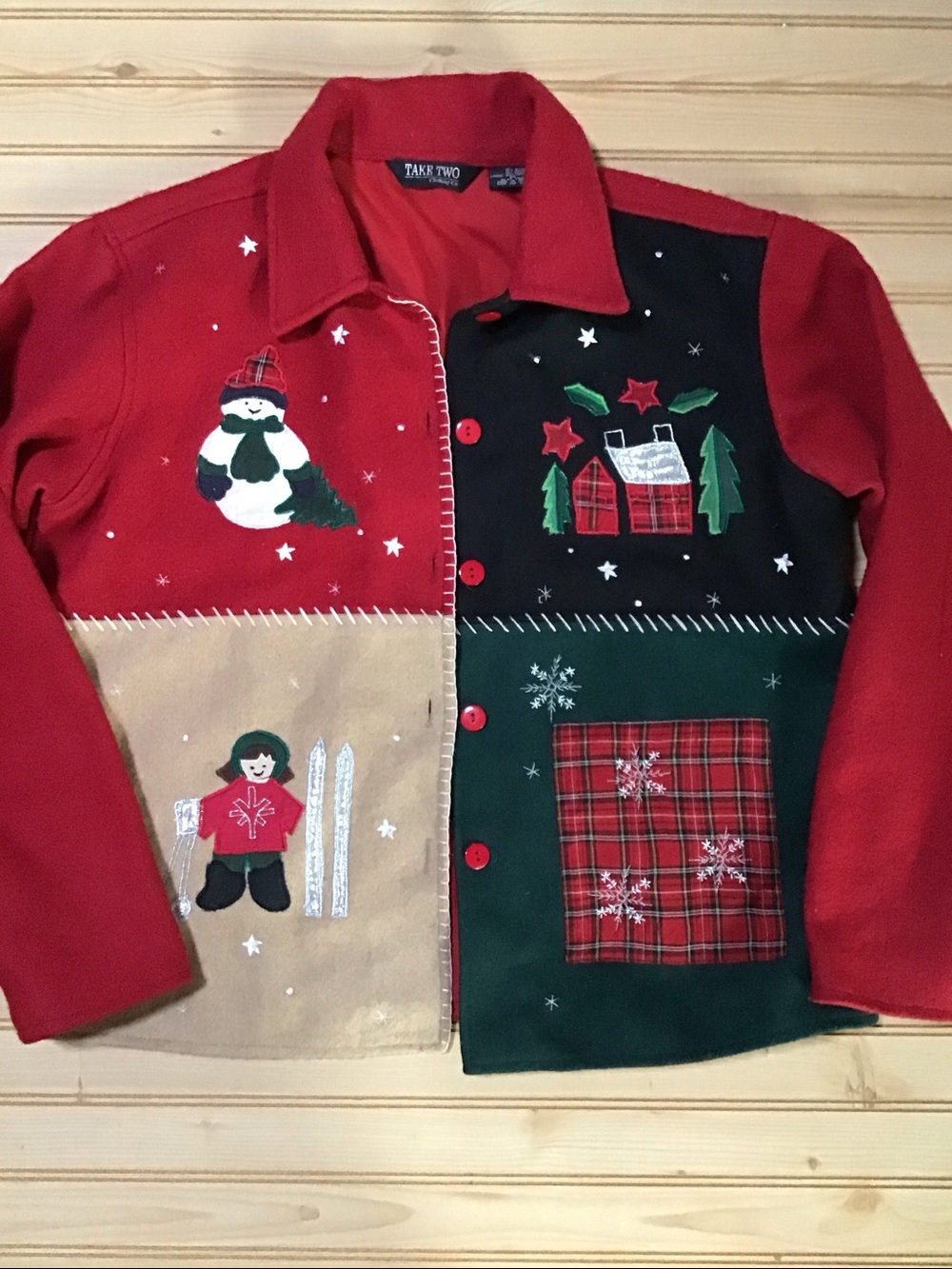 Vintage Holiday Red Wool Lined Patchwork Embroidered Winter Appliqués Jacket M